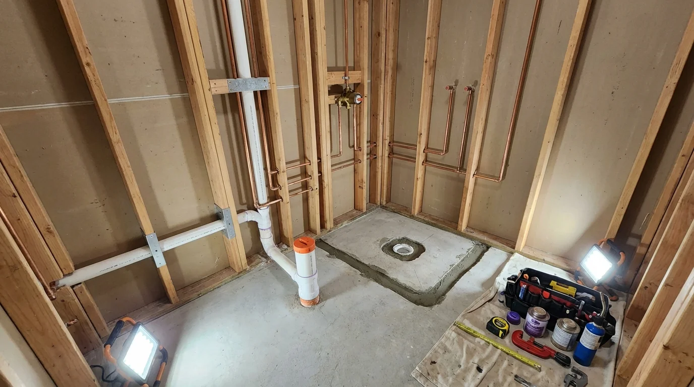 Bathroom rough-in plumbing during remodel by Johns Plumbing LLC in Muskego