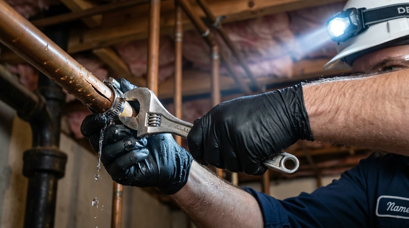 Emergency pipe clamp repair being performed by a Johns Plumbing LLC plumber in Muskego