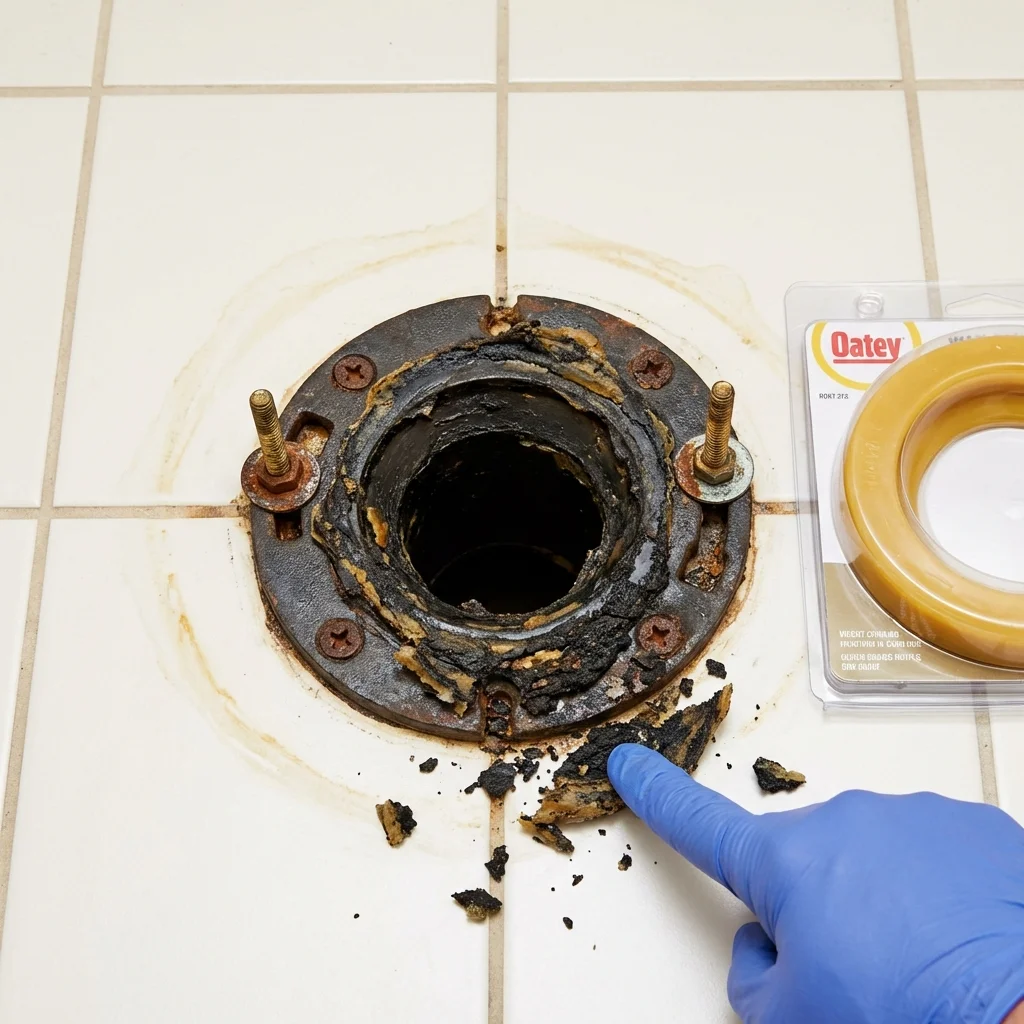 Failed wax ring showing water seepage at the base of a toilet in a Muskego, WI home