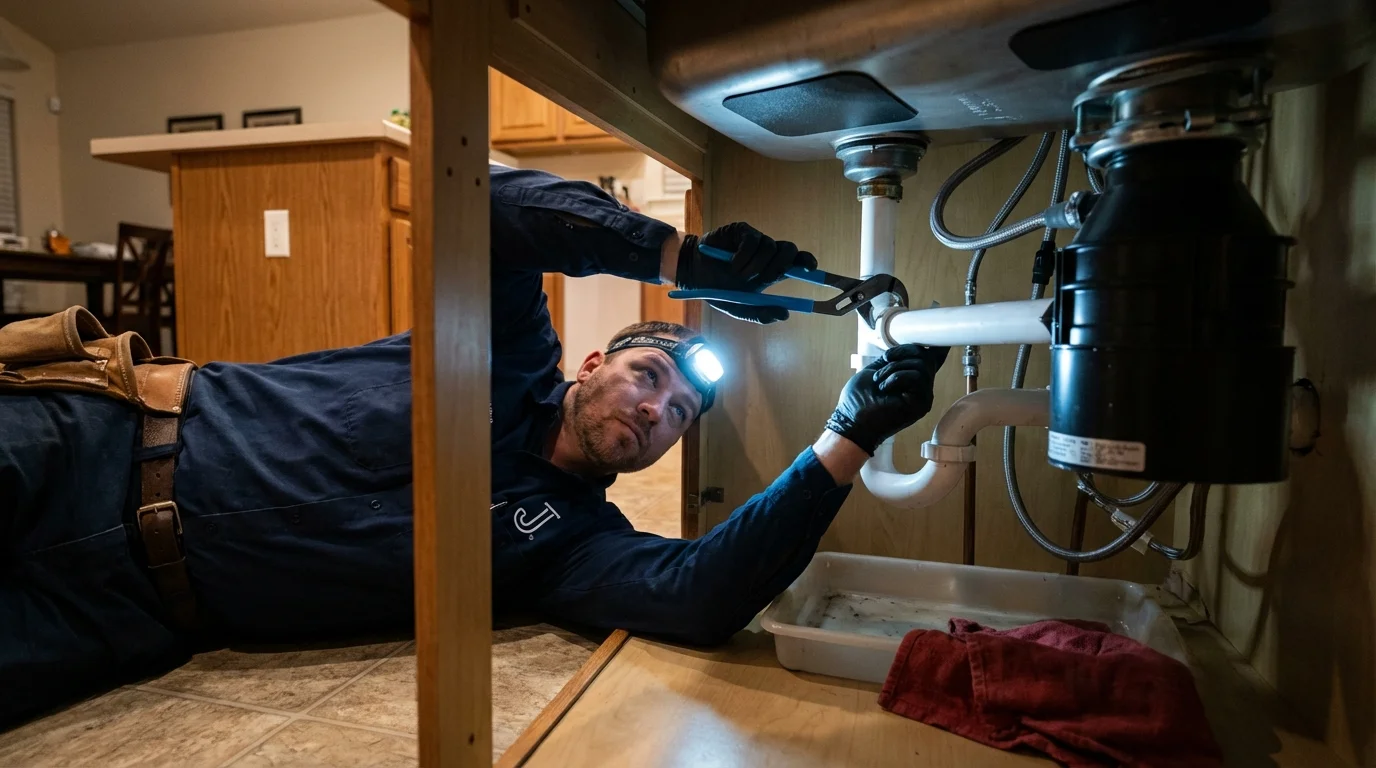 P-trap and supply line connections under a kitchen sink showing a common leak point in Muskego, WI